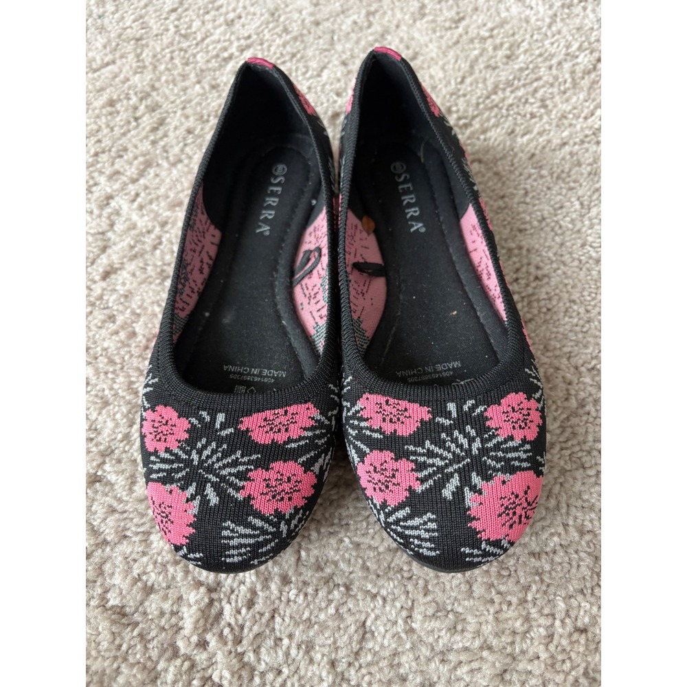 Serra Womens 8 Black Pink Floral Knit Ballet Flats Round Toe Slip On Shoes